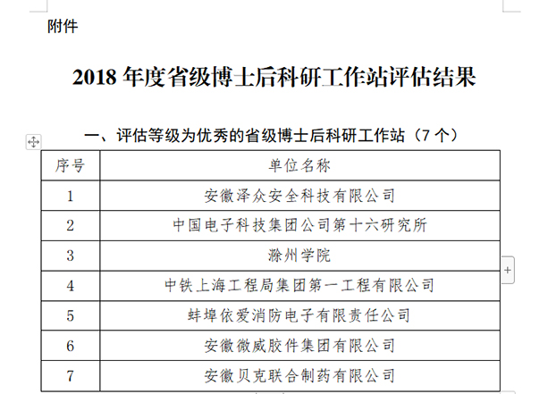 壹号娱乐子公司安徽泽众博士后科研工作站获评优秀